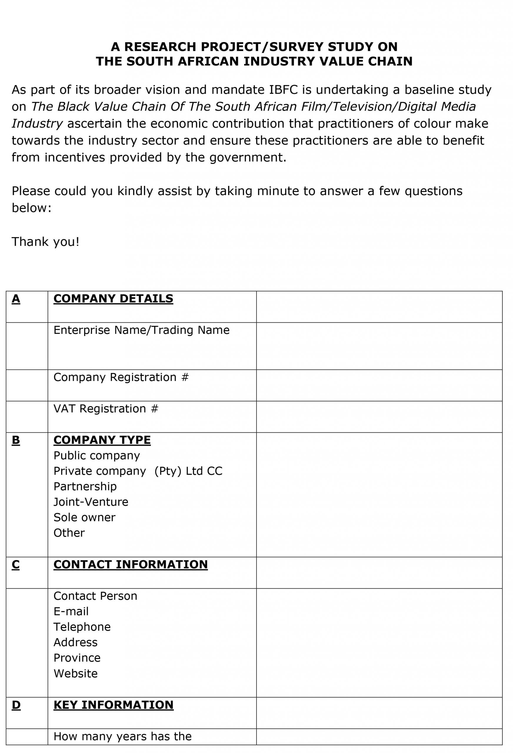 RESEARCH PROJECT/SURVEY STUDY ON THE SOUTH AFRICAN INDUSTRY VALUE CHAIN